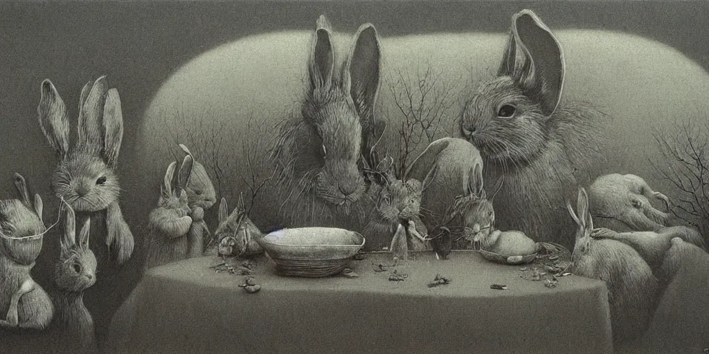Image similar to Bunny Family Dinner painting by Beksinski