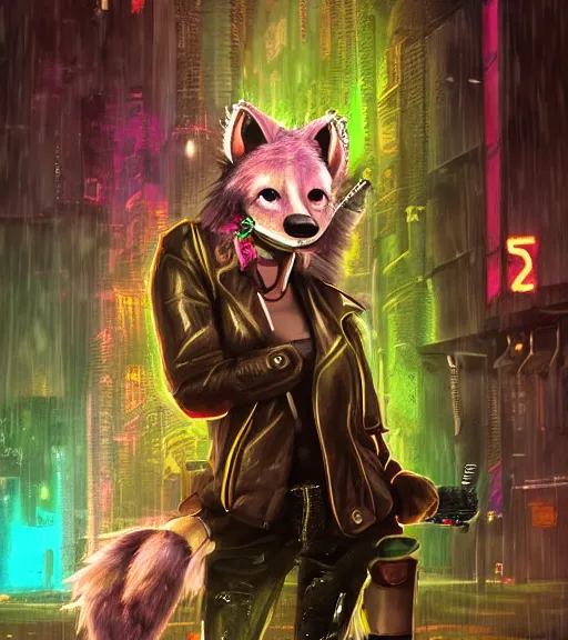 Image similar to digital painting of anthromorphic hyena female smoking cigarrete, fursona, furry fandom, furaffinity, neon rainy cyberpunk setting, anthro, wearing cyberpunk leather jacket, detailed face, blade runner, zootopia style,