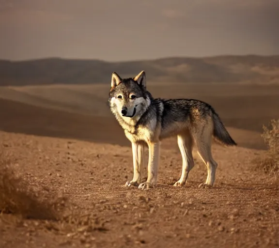 Image similar to photo of a wolf puppy, wearing cowboy clothes, in the desert, cinematic color grading, various poses, soft light, faded colors, well framed, sharp focus, 8 k