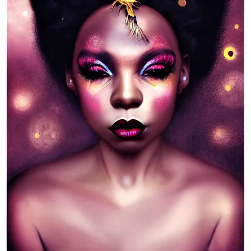 Prompt: portrait of a black woman inspired by Natalie Shau, Anna dittmann,gold paint,flower crown, pretty eye makeup, cinematic