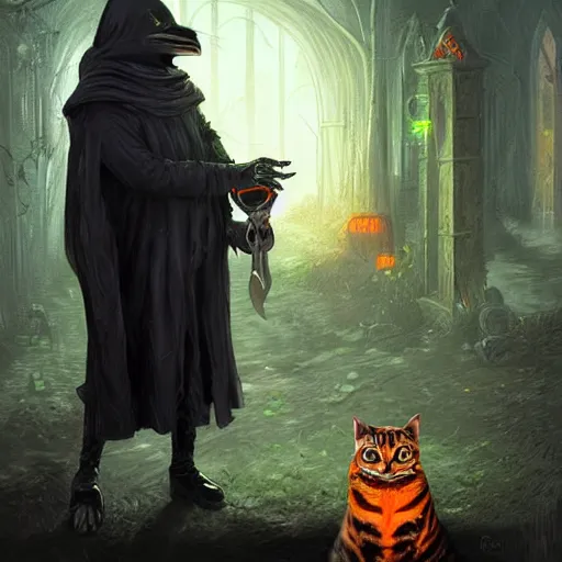 Image similar to a plague doctor with techno armor with rgb lights holding a bengal cat and an orange tabby cat in a graveyard, scary, spooky, by greg rutkowski