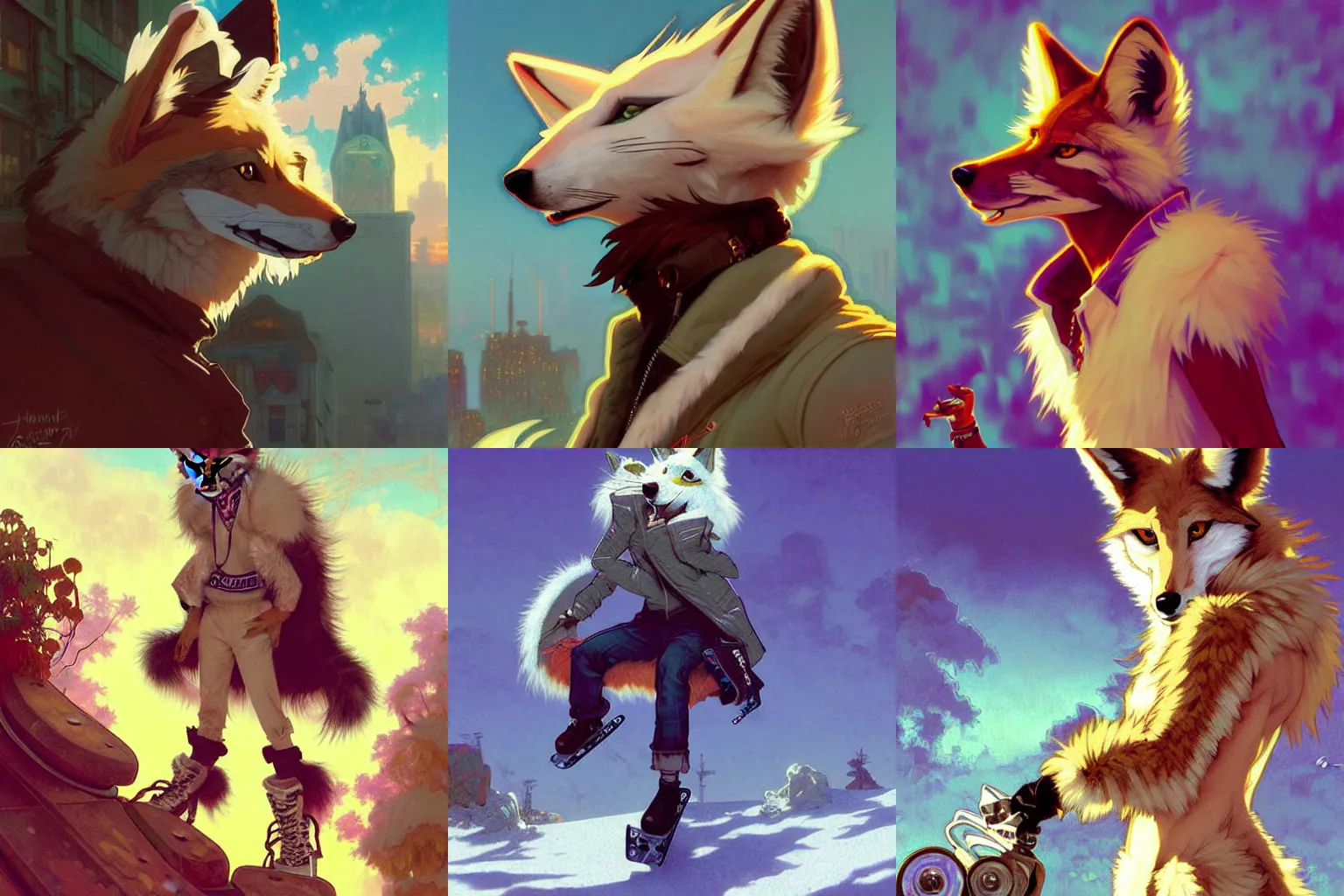 Prompt: furry anthropomorphic coyote with white fur. Vaporwave skater punk. Renowned character illustration by greg rutkowski, thomas kindkade, alphonse mucha, loish, norman rockwell. Trending on furaffinity. Digital Art.