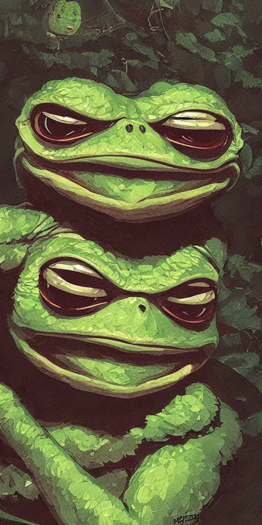 Image similar to Portrait of Pepe The Frog, marvel comics, dark, intricate, highly detailed, smooth, artstation, 4k digital illustration by Greg Rutkowski