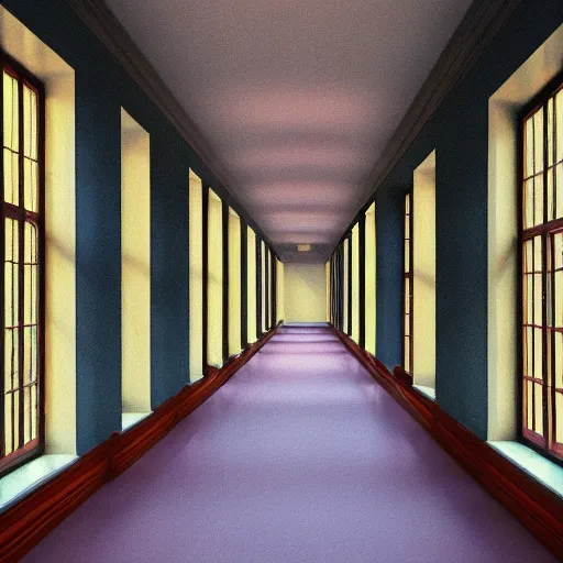 Image similar to a long colorful asylum hallway, one point perspective, vanishing point, symmetrical composition, rich colors, dramatic lighting, by lee madgwick, photorealistic, v - ray render 8 k uhd