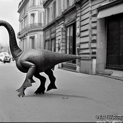 Image similar to french parasaurolophus walking in the streets of paris, 3 5 mm, 1 9 5 4, low angl