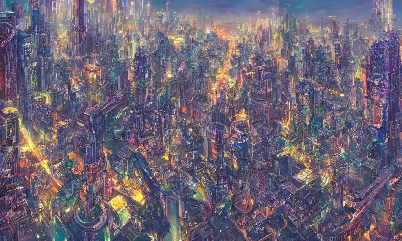 Image similar to futuristic city, illustration painting, oil on canvas, intricate, hd, digital art, overdetailed art, complementing colors, detailed, illustration painting by alex gray, digital art, syd meade