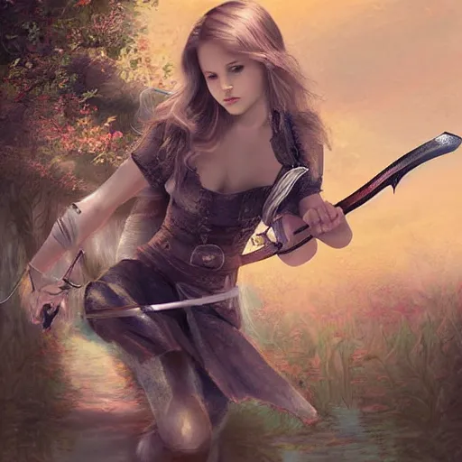 Image similar to digital art of a girl holding a sword fighting a bunny, detailed, beautiful scenery, detailed