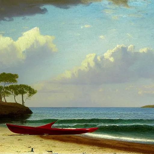 Image similar to An oil painting of lost kayak paddles on a New England beach, by Albert Bierstadt, 1858.