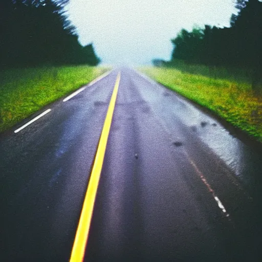 Image similar to “35mm film photography of highways, rain, night, cinestill 800t, grain”