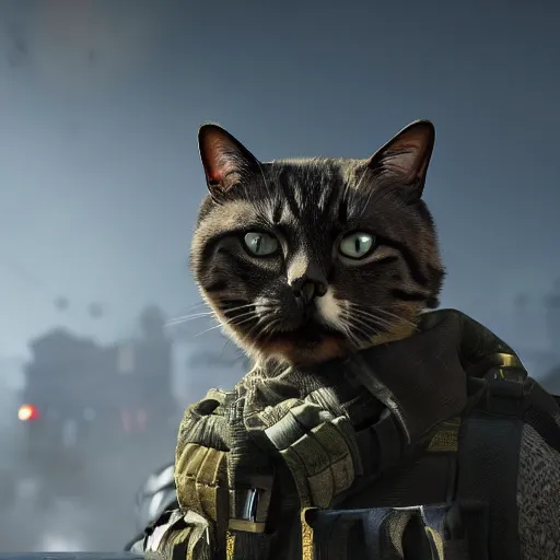 Image similar to cat soldier in call of duty warzone 4k, high detail, high-resolution photograph, professional photography, ultra-detail