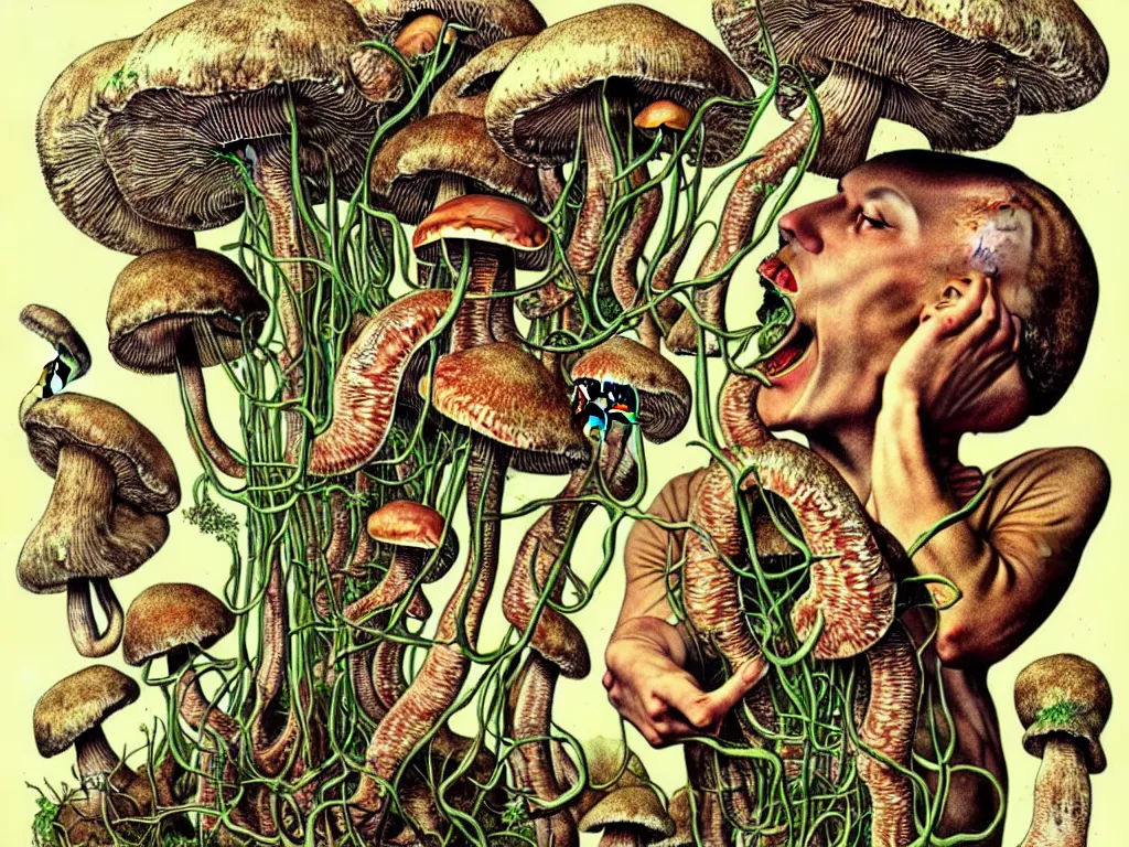 Prompt: human eating yourself with mushrooms, neo surrealism, art by ernst haeckel and daniel martin diaz