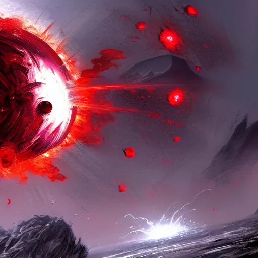 Prompt: red planetoid exploding, cracked, shattered, concept art, high fantasy, extreme detail