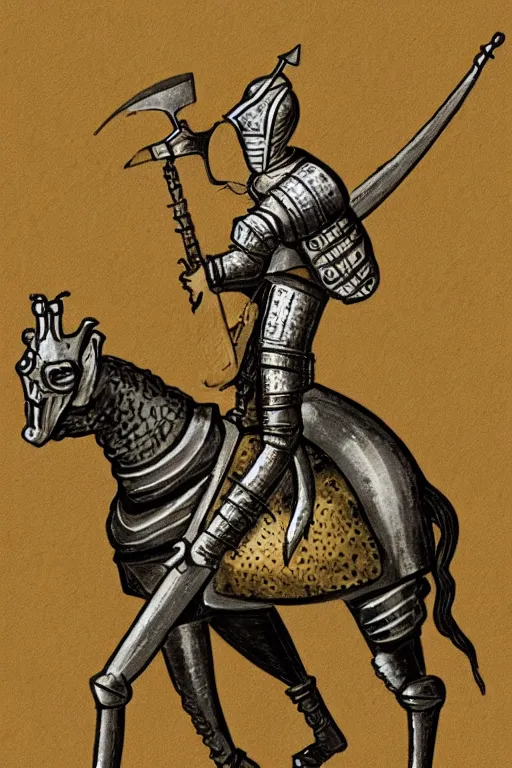 Image similar to a medieval knight in armor riding a giraffe