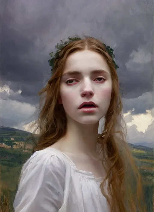 Image similar to portrait of girl dressed in white clothes , countryside, fantasy character portrait, dynamic pose, above view, view from above, sunny day, thunder clouds in the sky, artwork by Jeremy Lipkin and Giuseppe Dangelico Pino and Michael Garmash and rob rey, very coherent symmetrical artwork, perfect face, simple form, 100mm