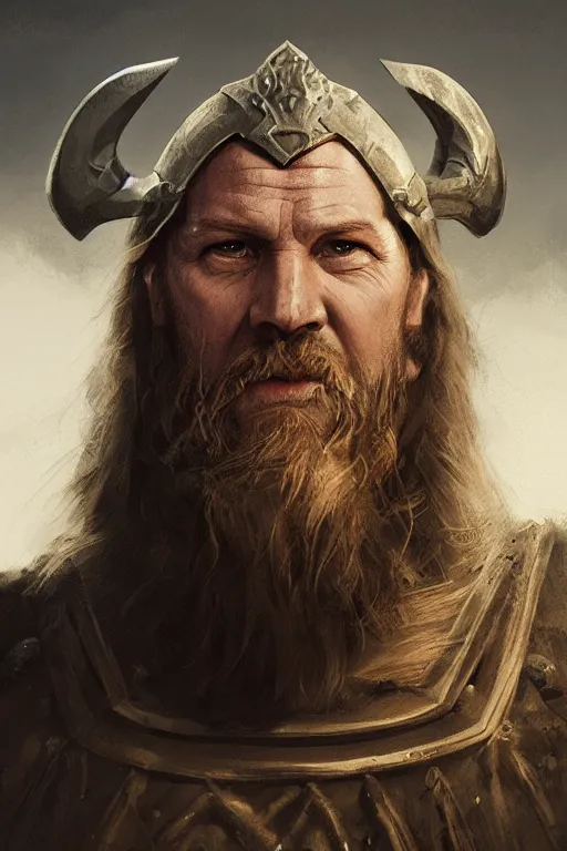Prompt: portrait, face of a old viking King, face portrait, raphael lacoste, eddie mendoza, alex ross, concept art, matte painting, highly detailed, rule of thirds, dynamic lighting, cinematic, detailed, denoised, centerd