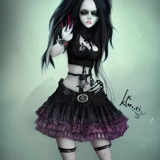 Image similar to kerli koiv animel goth girl in mini skirt and crop top intricate, extremely detailed, artstation, 8 k, sensual lighting, incredible art, l