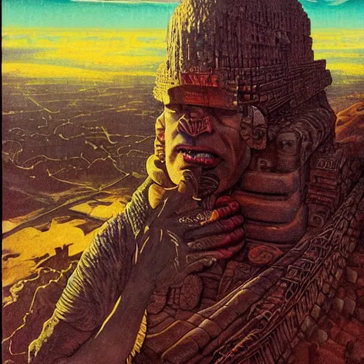 Prompt: giant mayan joe biden!!!!!!!!!!!!!!!!!!!!!!!! with flaming eyes standing over city, perfectly clear face, by j. c. leyendecker and beksinski