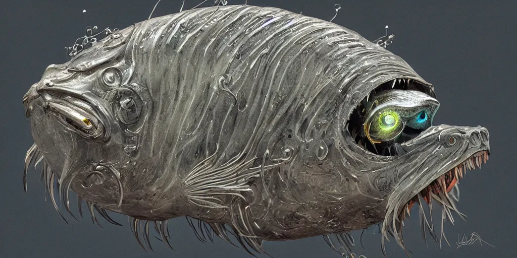 Image similar to angler fish sculpture, stylized layered shapes, long flowing fins, bioluminescent orbs, diffuse lighting, glowing eye, intricate, elegant, highly detailed, lifelike, photorealistic, digital painting, artstation, smooth, sharp focus, art by h r giger