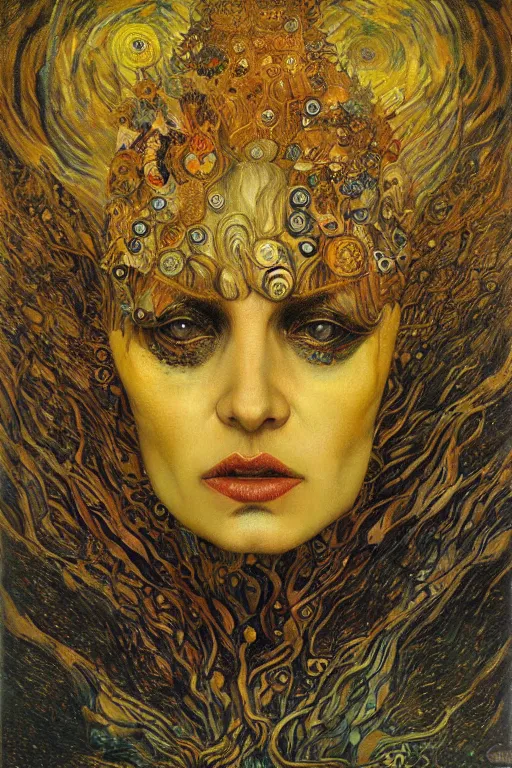 Image similar to Visions of Hell by Karol Bak, Jean Deville, Gustav Klimt, and Vincent Van Gogh, nightmare portrait, infernal, visionary, otherworldly, fractal structures, ornate gilded medieval icon, third eye, hellfire, spirals