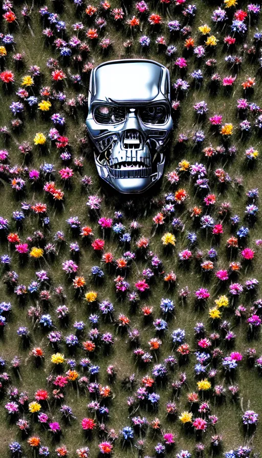 Image similar to destroyed terminator lying in a field of flowers, twisted metal, chrome, reflections, earth, terrible, anthropomorphic, photorealism, smoke, metal, 8 k, surreal, wires, smooth, sharp focus, top view, extremely detailed, ultra - realism, elegant, establishing shot, epic, by jeff koons, artgerm and greg rutkowski