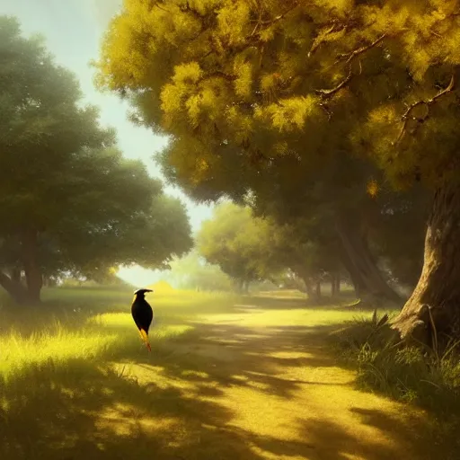 Image similar to spanish golden oriole flying in avila path between oak trees, summer mid day, 4 k, concept art, by wlop, ilya kuvshinov, artgerm, krenz cushart, greg rutkowski, pixiv. cinematic dramatic atmosphere, sharp focus, volumetric lighting, cinematic lighting, studio quality