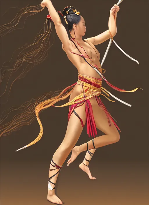 Image similar to full body portrait of a barefoot dancer using silk belts as weapons, barefoot, tanned, vivacious, athletic, hanfu, fully clothed, chinese ribbon dance, silk belt, scorpion whip, battle, wuxia, martial arts, ming dynasty, detailed, anatomically accurate, fantasy illustration, dungeons and dragons, artstation, ghostblade, wlop.