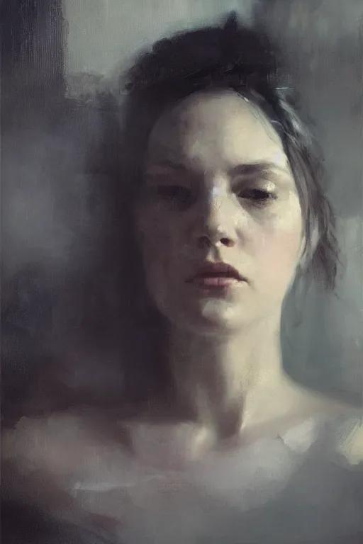 Image similar to detailed cinematic moody colors studio portrait of the memories of a lady in bed, high quality by jeremy mann, only one head single portrait