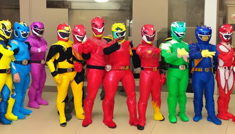 Image similar to sour patch kids, power rangers!! standing next to each other