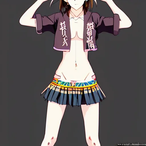 Prompt: a beautiful! boyish! emma watson alluring gravure! model, wearing japanese hiphop school girl outfit with mayan pattern and native style, aztec street fashion, botw style, gapmoe yandere grimdark, trending on pixiv fanbox, painted by greg rutkowski makoto shinkai takashi takeuchi studio ghibli, akihiko yoshida