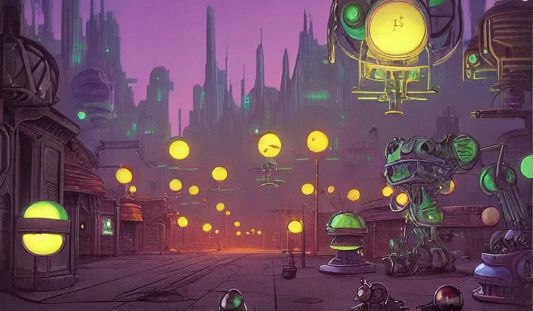Prompt: fantasycore. magic the gathering art. street view of 1950s machinarium cityscape at night by Phillipe Drulliet and Roger Dean and Moebius. cute gigantic 1950s robots. cel-shaded. glossy painting.