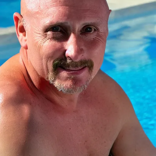 Prompt: close - up of emilio estevez completely bald with a pool and a house in the background