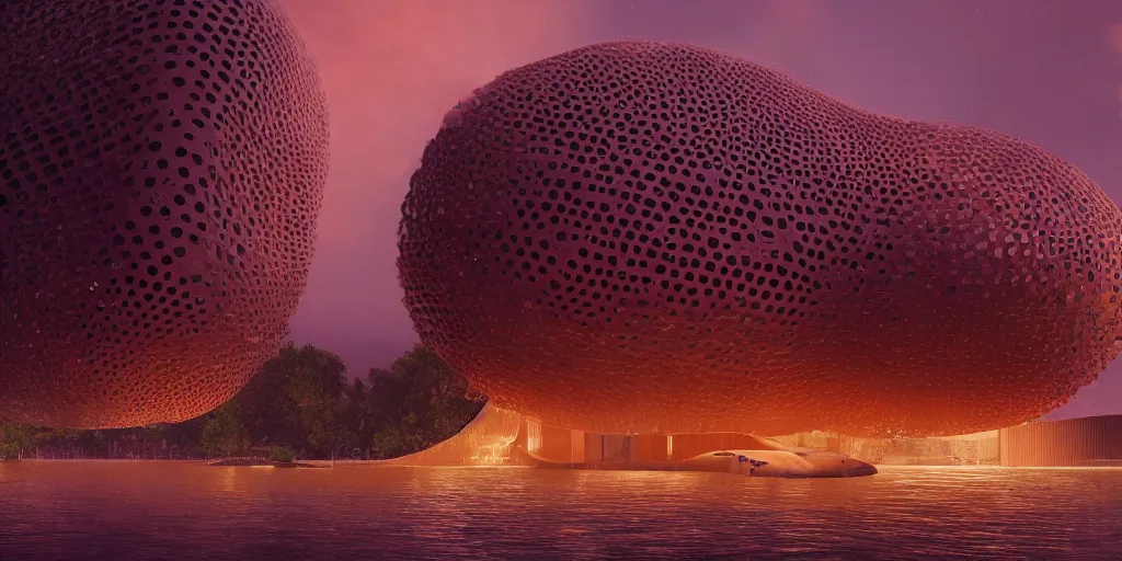 Image similar to An epic architectural rendering of a blob shaped trypophobia house with a mysterious red glow emitting from inside in a modern cityscape next to a river, stunning, gorgeous, golden ratio, photorealistic, featured on artstation, 4k resolution