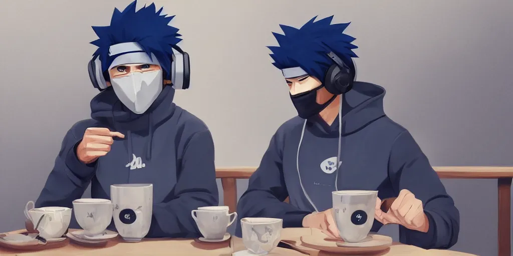 Image similar to kakashi hatake wearing headphones and a navy blue hoody having tea at a tea shop in toyko, aesthetic, digital painting, artstation, highly detailed, 4 k