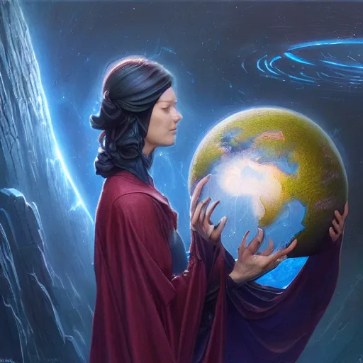 Image similar to the creator of worlds wearing a cloak and holding a holographic planet projection in his hand, detailed, sci - fi, digital painting, artstation, sharp focus, illustration, ominous, artgerm, tomasz alen kopera, peter mohrbacher, donato giancola, joseph christian leyendecker, wlop, frank frazetta