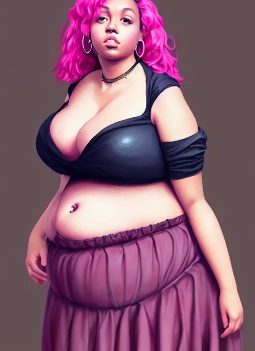 Image similar to full body portrait, teenage vanessa morgan, pink hair, obese, black girl, curly pixie hair, sultry, realistic, short hair, hoop earrings, skirt, shirt, fat, belly, intricate, elegant, highly detailed, digital painting, artstation, concept art, smooth, sharp focus, illustration, art by wlop, mars ravelo and greg rutkowski