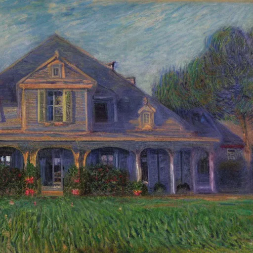 Prompt: Intricate five star farm house by monet, oil on canvas, HDR, high detail, Photo realistic, hyperrealism,matte finish, high contrast, 3d depth, masterpiece, vivid and vibrant colors, enhanced light effect, enhanced eye detail,artstationhd