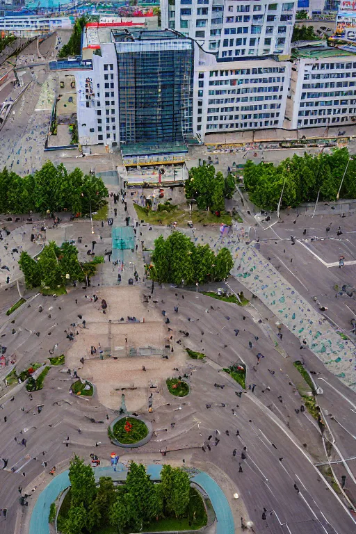 Image similar to Yakub Kolas Square in the city of Minsk, Belarus, view of the 4th Big Hall and the underground descent into the metro from two sides, summer, cloudy, beautiful, photorealistic, perfect, photo kodak 35mm colored, 8K, high quality, 8k resolution, 4K, detailed, high details, Super-high quality, hyperdetailed, Hyperrealistic