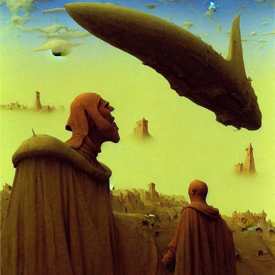 Prompt: Medieval village on the plains, a villager looking up. The sky is completely covered by an incredibly enormous colossal airship-like ship. Extremely high detail, realistic, medieval fantasy art, masterpiece, art by Zdzisław Beksiński, Boris Vallejo