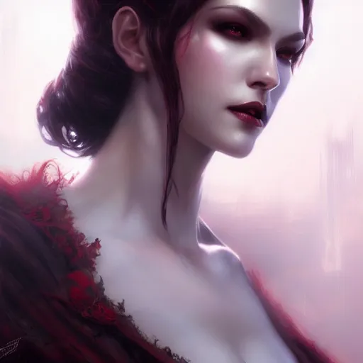 Image similar to desirable Vampire woman, fantasy, intricate, elegant, highly detailed, digital painting, artstation, concept art, matte, sharp focus, illustration, art by artgerm and Greg Rutkowski, dreadjim, zeen chin