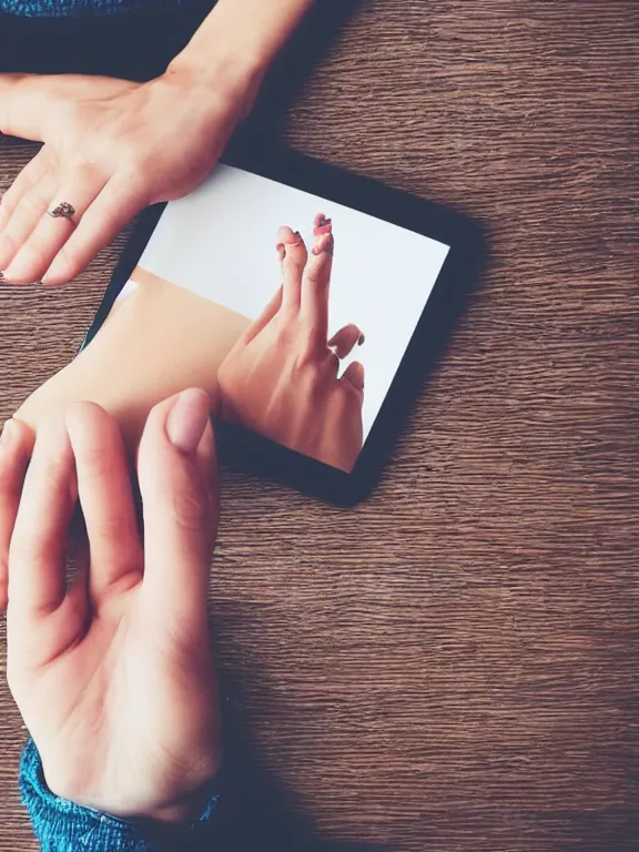 Prompt: an instagram photo of exactly one detailed woman's hand palm up lying on the table, instagram photo, studio photo