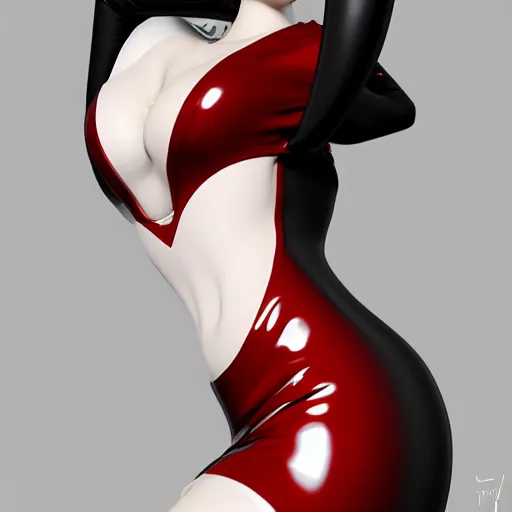 Image similar to an elegant curvy feminine pale goth cutie wearing an elaborate latex-nylon-leather striped red-black-silver-gold tube dress, thin waist, cgsociety, photorealistic, 16k, smooth, sharp focus, trending on ArtStation, volumetric lighting, worksafe, sublime-comforting-intriuging ambience