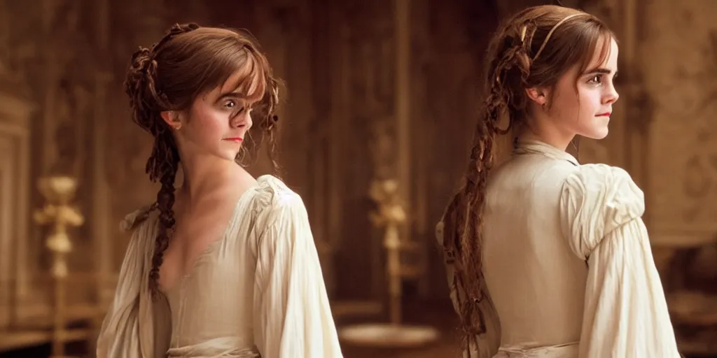 Prompt: Emma Watson long hair flowing robes baroque room cinematic lighting stanley kubrick barry lyndon Canon eos M50 200mm