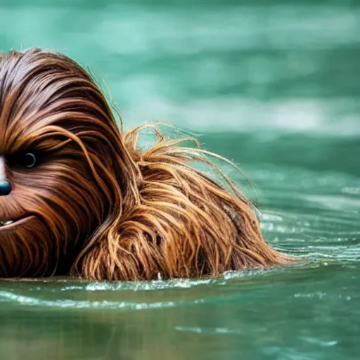 Image similar to Chewbacca swimming in brown water