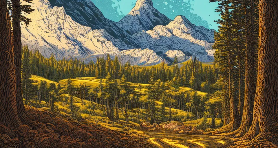 Image similar to a beautiful landscape with trees and mountains, by dan mumford