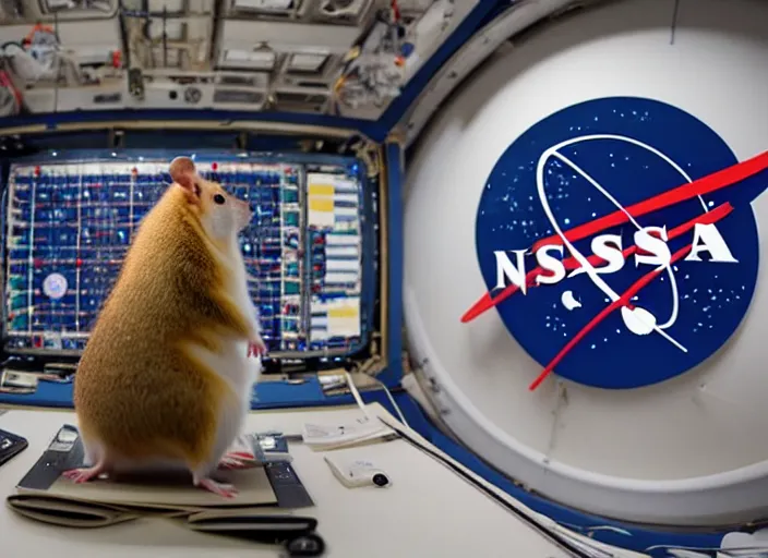 Image similar to film still of a hamster working for mission control at nasa, 8 k