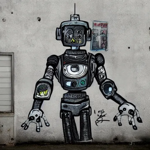 Image similar to chappie robot color graffiti, black and white zef design graffiti on the wall, dark lighting, digital art