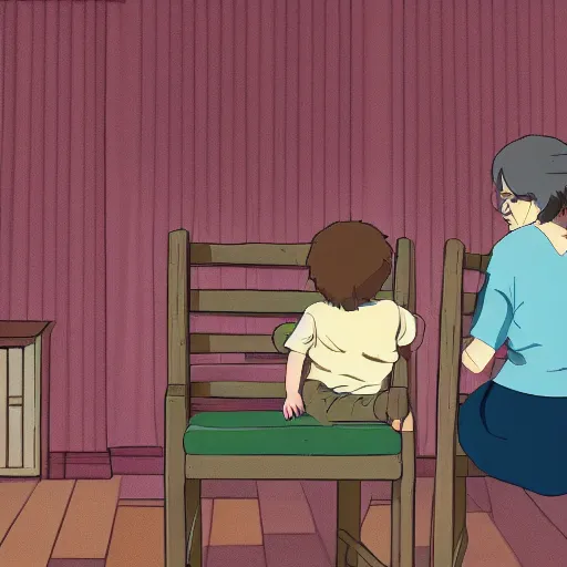 Prompt: my beautiful wife, sitting on a small wooden chair, with arms outstretched to our son for a hug, cartoon style, studio Ghibli, extreme detail, 8k