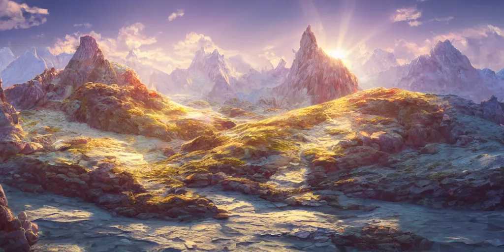 Prompt: a desolate salt covered island surrounded by colourful rugged crystal quartz mountains, illustration, bright sunlight, sun glints, sunrays, digital art, hyperrealistic, oil painting, fantasy, 8 k, trending on artstation, detailed