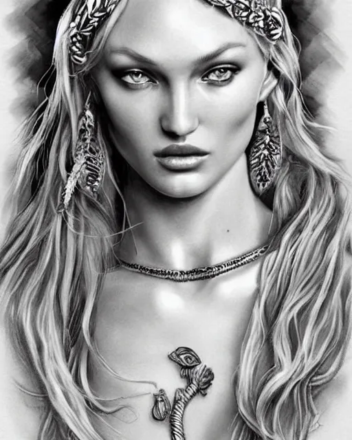 Prompt: tattoo sketch of beautiful candice swanepoel as aphrodite the greek goddess wearing a laurel wreath and arrowhead earrings, beautiful piercing eyes with small pupils, sexy look, beautiful blonde hair, hyper realistic face, in the style of greg rutkowski, fantasy, amazing detail, epic, elegant, smooth, sharp focus