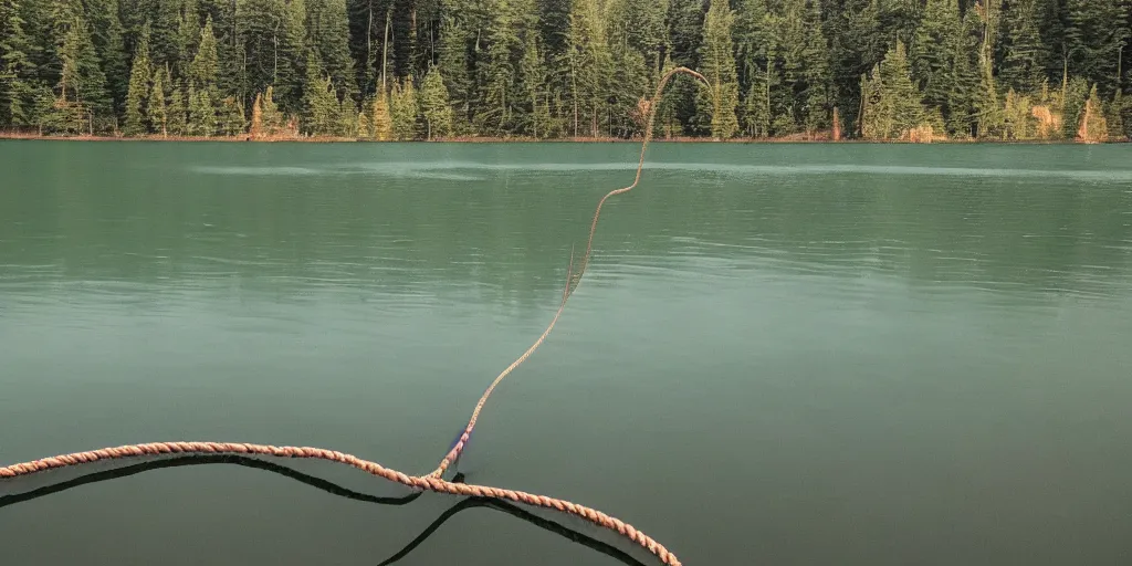 Image similar to symmetrical color photograph of a very long rope on the surface of the water, the rope is snaking from the foreground stretching out towards the center of the lake, a dark lake on a cloudy day, trees in the background, anamorphic lens